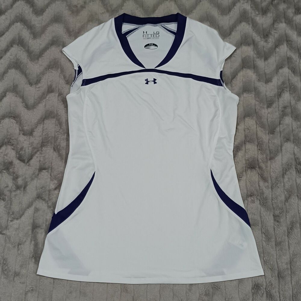 Under Armour Womens Size L White Purple Sleeveless Fitted Heatgear Tank Top